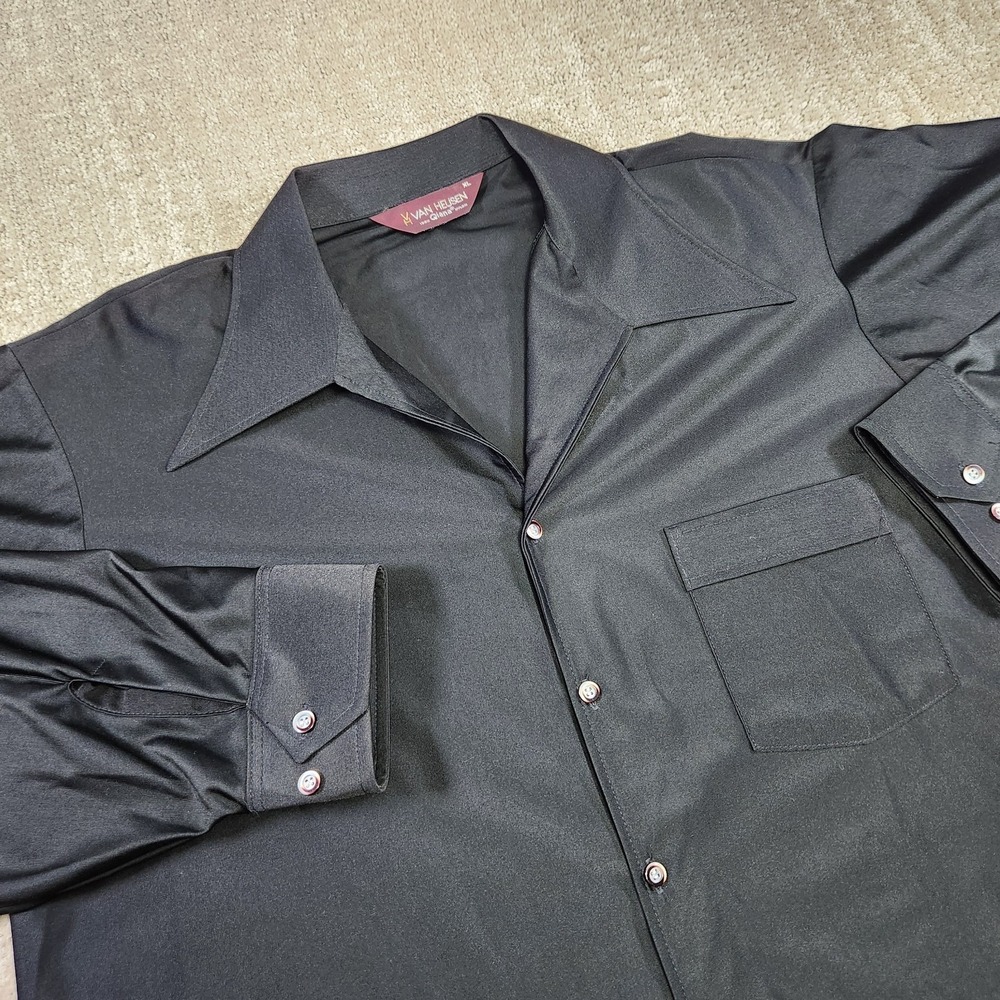 Vintage 70s Disco Shirt Men Large Paper Thin Dagger Collar Black Nylon Bowling